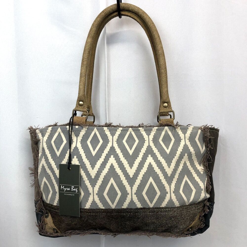 Myra Tracing Bag Gray/Brown Leather Canvas Fringe Handbag S-1336 NWT Western